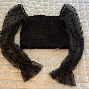 Forever 21 Black Smocked Crop Top with Mesh Trim